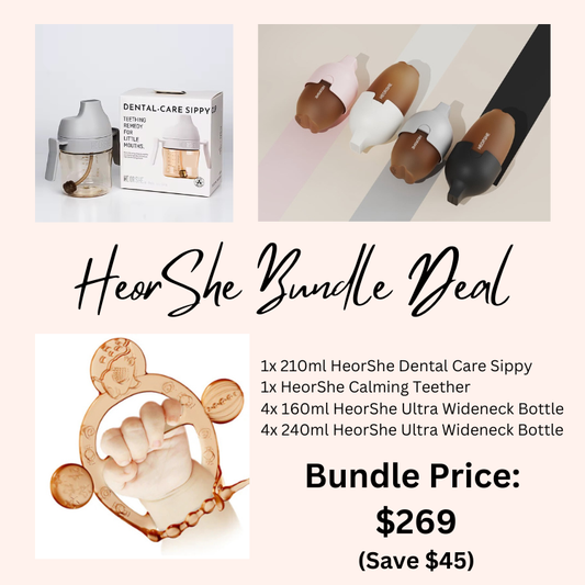 Bundle Deal: HeorShe Sippy Cup V2/Wristband Teether/Ultra Wideneck Silicone Baby Bottle